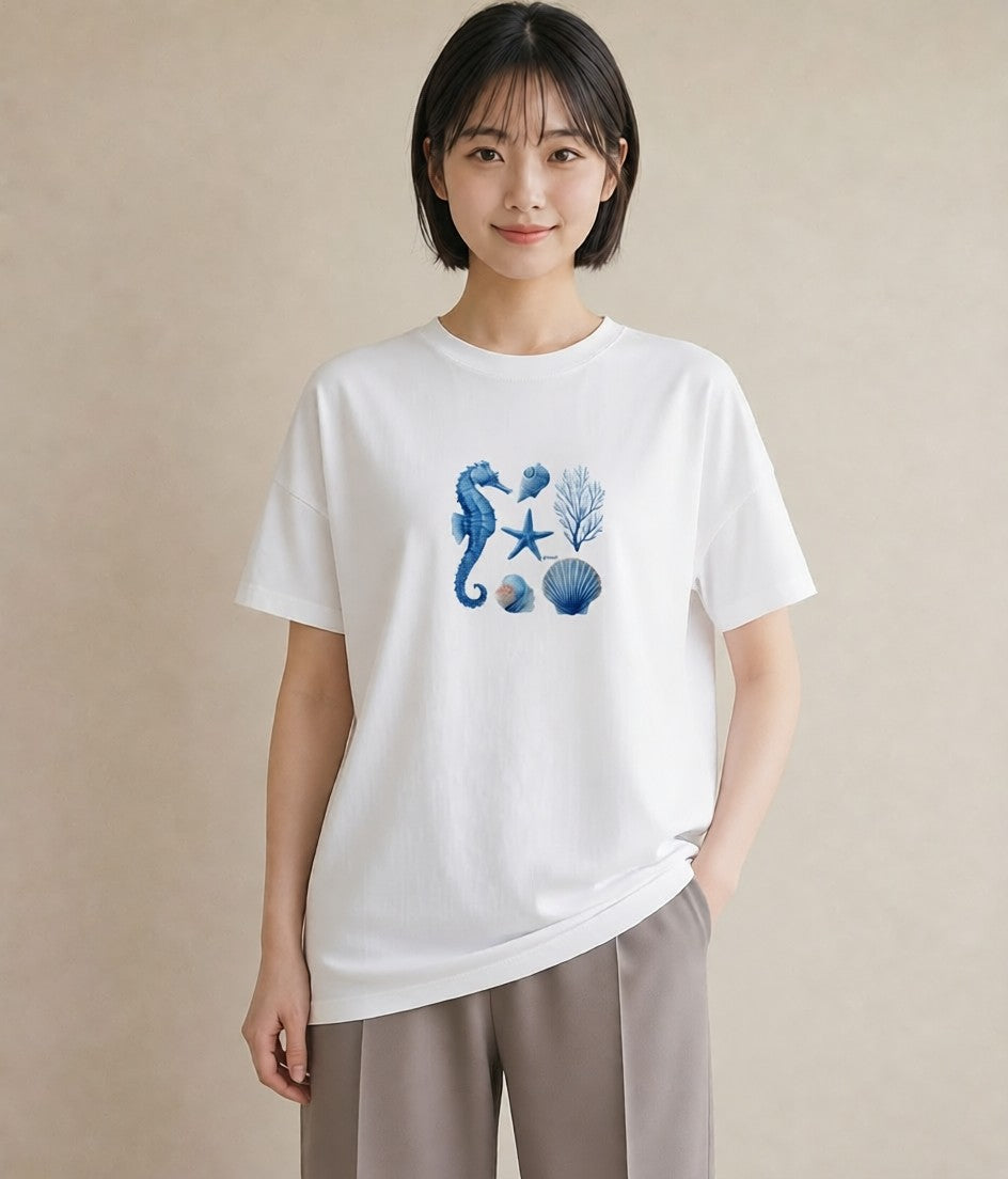 半袖Tシャツ レディース タツノオトシゴ 海の生き物 海 イラスト ヴィンテージ風 休日 ペアコーデ 白T