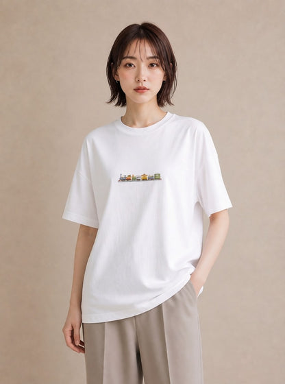 プリントTシャツ レディース 駅のホーム ローカル線 駅 ナチュラル アンティーク イラスト 可愛い ラフ レイヤード 白T