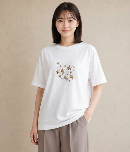 グラフィックTシャツ レディース 星 星空 宇宙 イラスト フェミニン カジュアルコーデ 買い物 白T