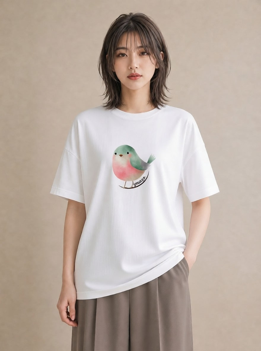 Tシャツ レディース ボタンインコ ペット 動物 イラスト 普段使い ママ カフェ服 白T