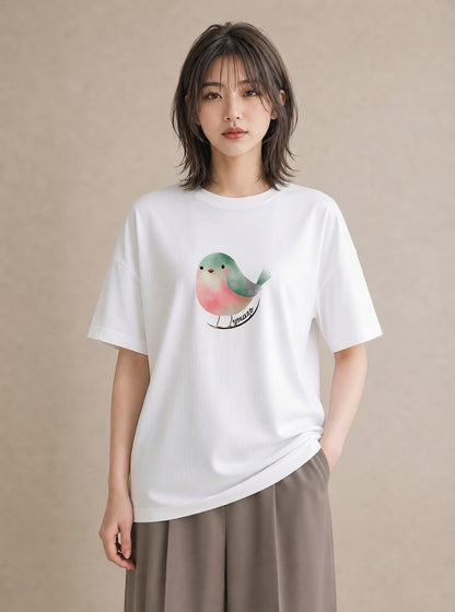 Tシャツ レディース ボタンインコ ペット 動物 イラスト 普段使い ママ カフェ服 白T