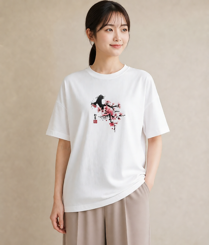 Tシャツ レディース 梅 花 花柄 イラスト モード ルームウェア ギフト 白T