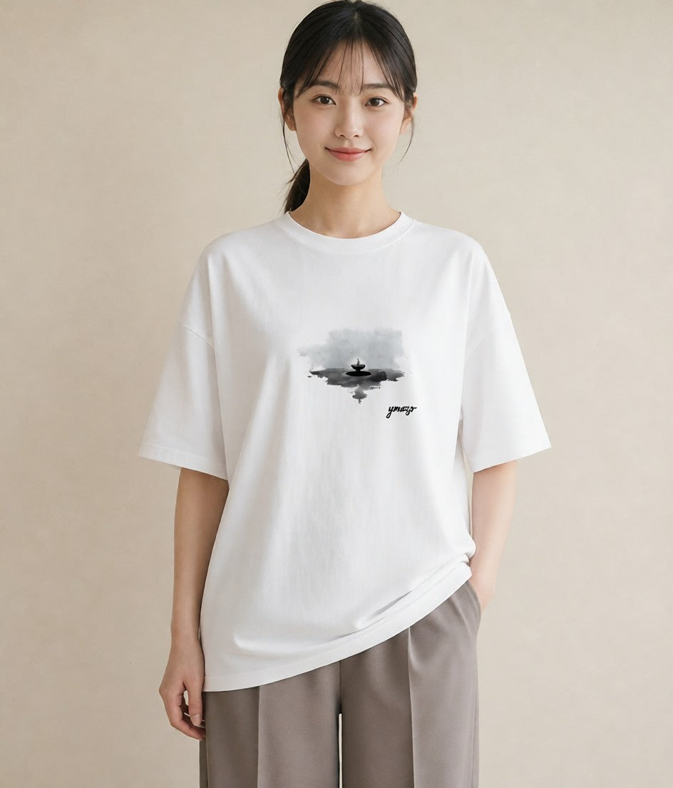 デザインTシャツ レディース 街灯 夜霧 夜 ナチュラル アンティーク イラスト ポップ ママ カフェ服 白T