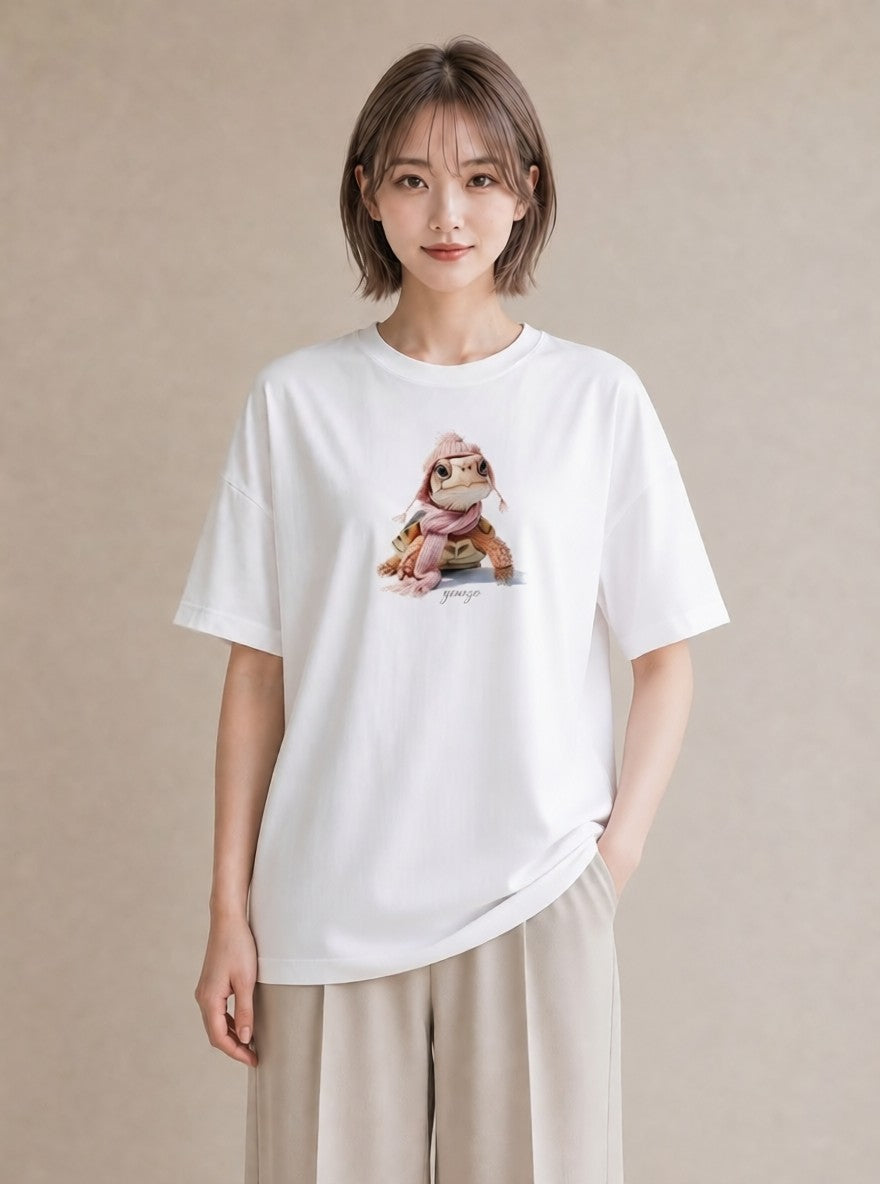 プリントTシャツ レディース カメ ペット 動物 イラスト シック ビーチ デイリーウェア 白T