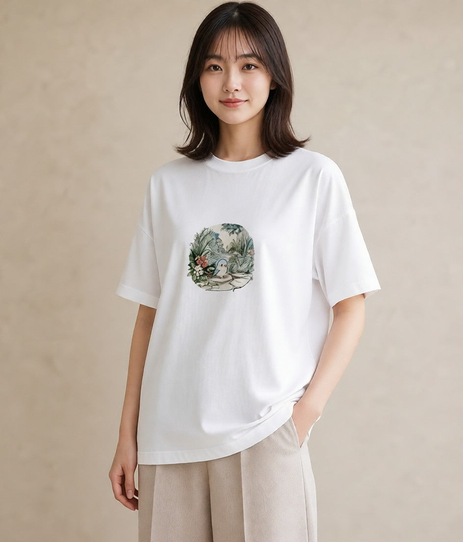 デザインTシャツ レディース 遠い家と鳥 風景 鳥 ナチュラル アンティーク イラスト ガーリー 友達ギフト 部屋着 白T