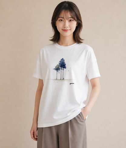 Tシャツ レディース 遠い家と鳥 風景 鳥 ナチュラル アンティーク イラスト 個性的 ラフ レイヤード 白T
