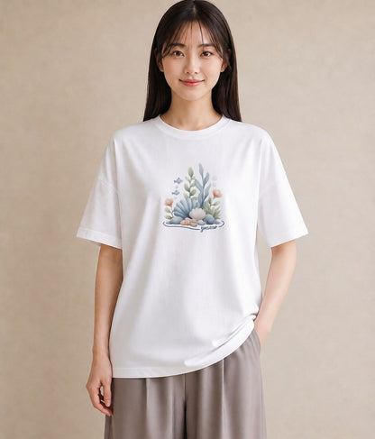 半袖Tシャツ レディース サンゴ 海の生き物 海 イラスト ラフ 自分用 ルームウェア 白T
