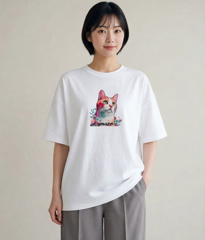プリントTシャツ レディース ねこ 猫 ネコ イラスト 水彩風 母の日 ビーチ 白T