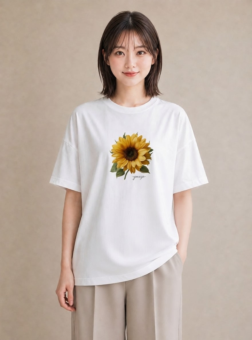 Tシャツ レディース ひまわり 向日葵 花 花柄 イラスト ミニマル 買い物 夏コーデ 白T