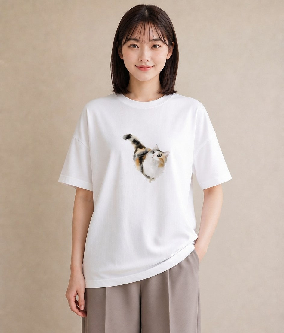半袖Tシャツ レディース 茶トラ 茶猫 猫 ねこ イラスト 女性向けギフト 散歩 白T