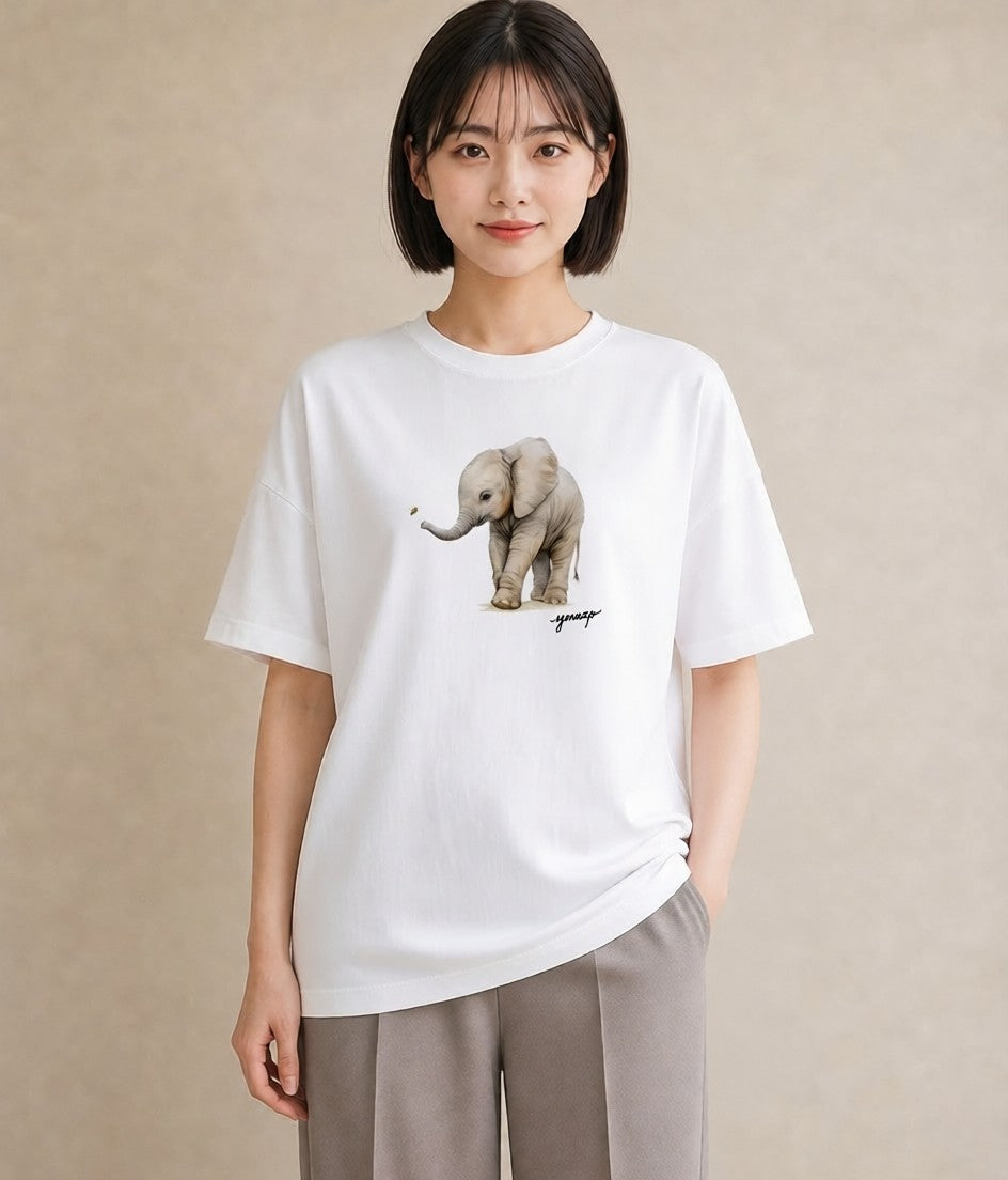 プリントTシャツ レディース ぞう 動物 アニマル イラスト シック 春服 ミセス 白T