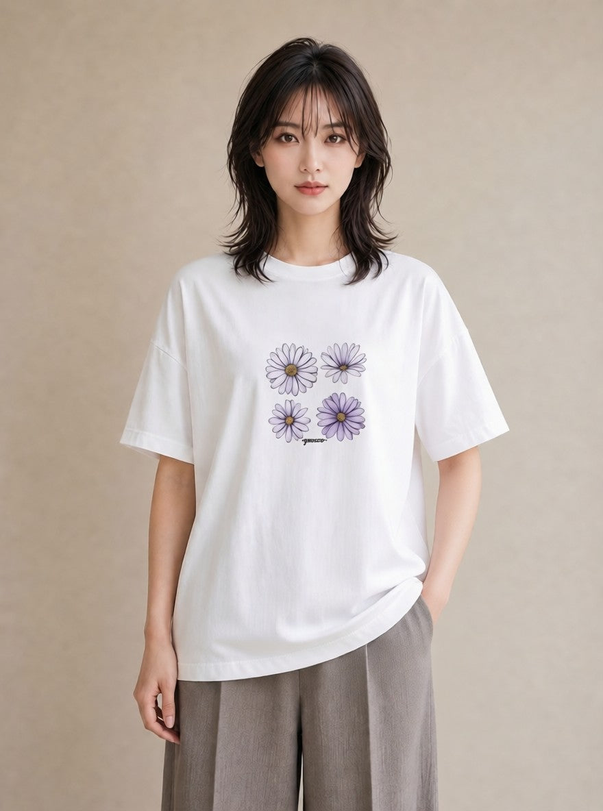 Tシャツ レディース スミレ 花 花柄 イラスト こなれ感 通勤 在宅 白T