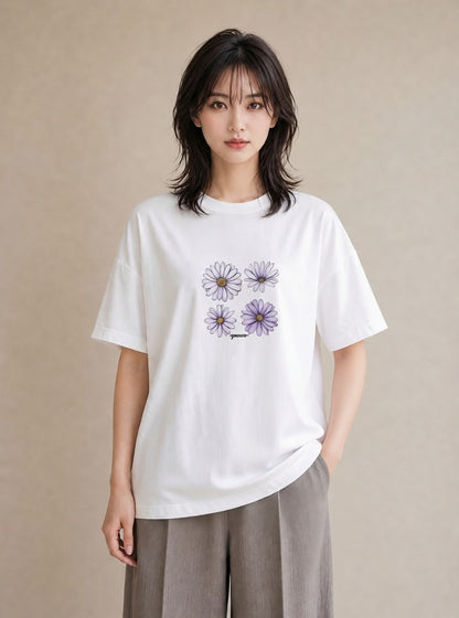 Tシャツ レディース スミレ 花 花柄 イラスト こなれ感 通勤 在宅 白T