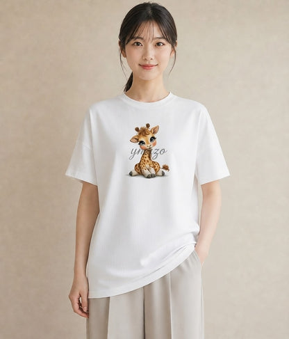 半袖Tシャツ レディース きりん 動物 アニマル イラスト レトロ クリスマス 旅行 白T