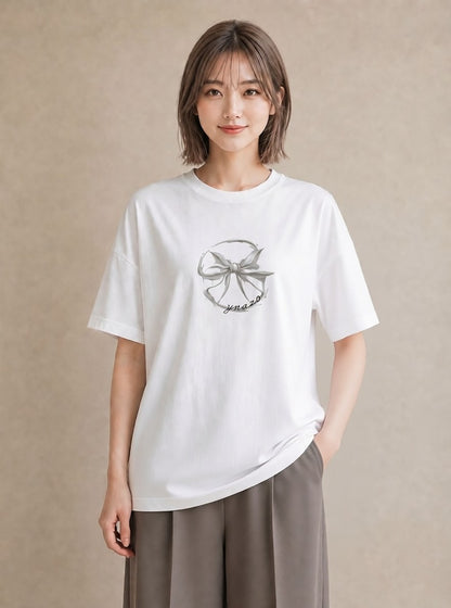 Tシャツ レディース リボン ボウ りぼん イラスト ボタニカル 敬老の日 ホワイトデー 白T