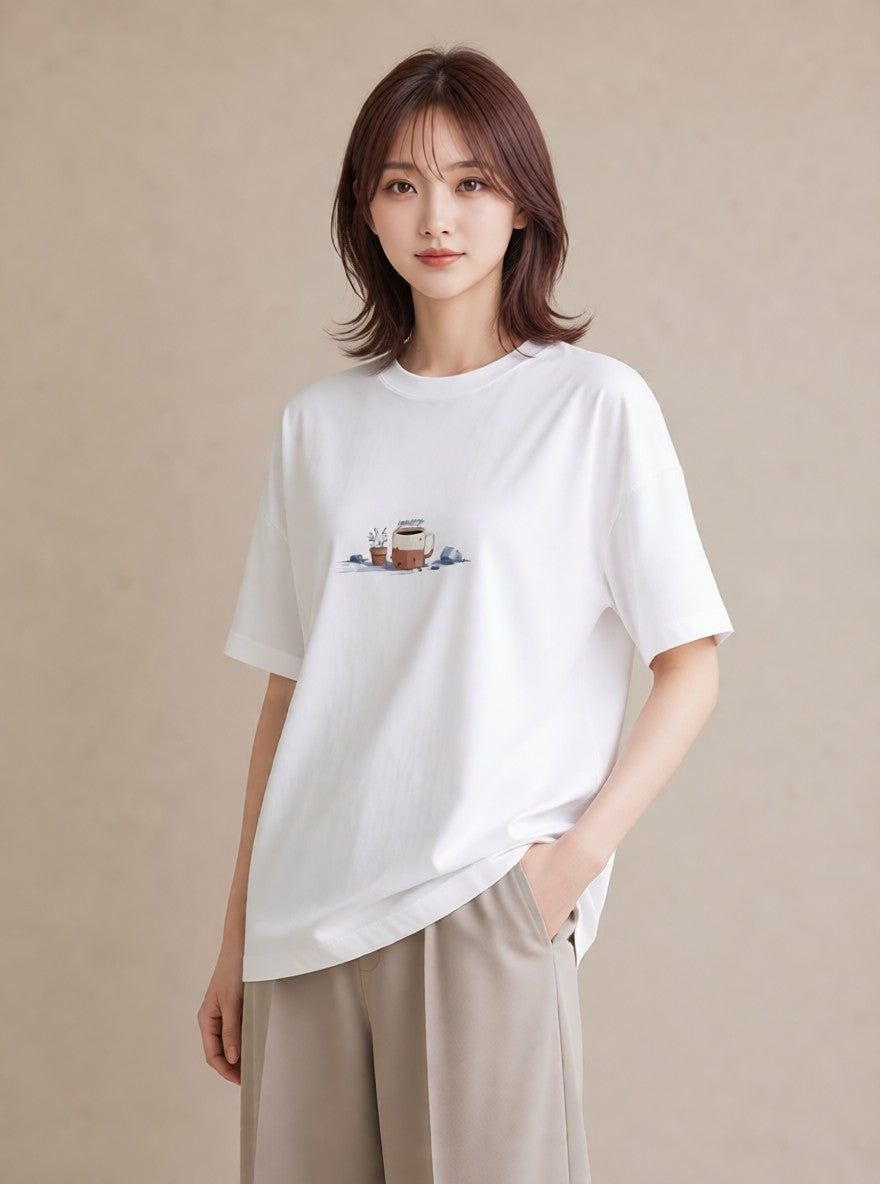 半袖Tシャツ レディース コーヒー 珈琲 カフェ 食べ物 フード イラスト 女性 旅行用 白T