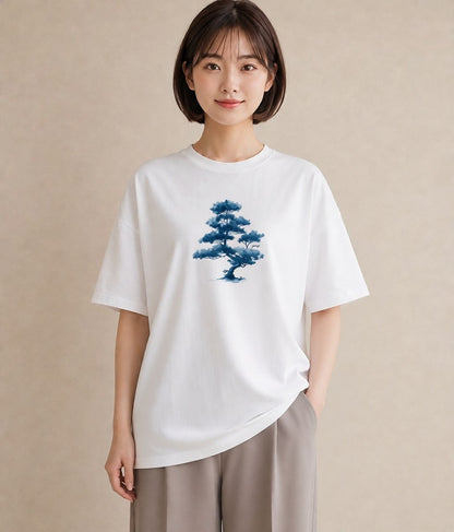 半袖Tシャツ レディース 青の水彩 風景 ブルー ナチュラル アンティーク イラスト ママ カフェ服 白T