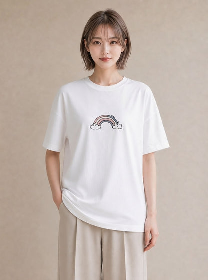 グラフィックTシャツ レディース 虹 星空 宇宙 イラスト 休日 ペアコーデ 白T