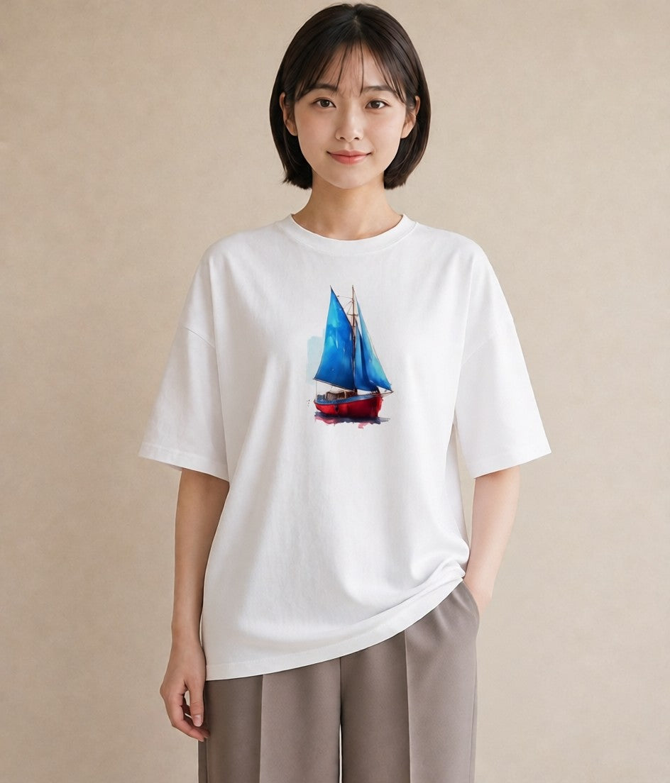 半袖Tシャツ レディース 紙の船 水辺 ナチュラル アンティーク イラスト 手描き風 姉妹 送別ギフト 白T