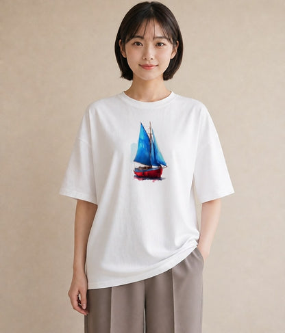 半袖Tシャツ レディース 紙の船 水辺 ナチュラル アンティーク イラスト 手描き風 姉妹 送別ギフト 白T