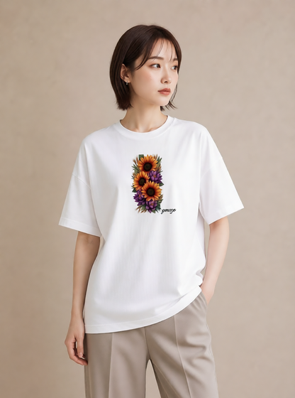 プリントTシャツ レディース ひまわり 向日葵 花 花柄 イラスト アート風 ルームウェア ギフト 白T