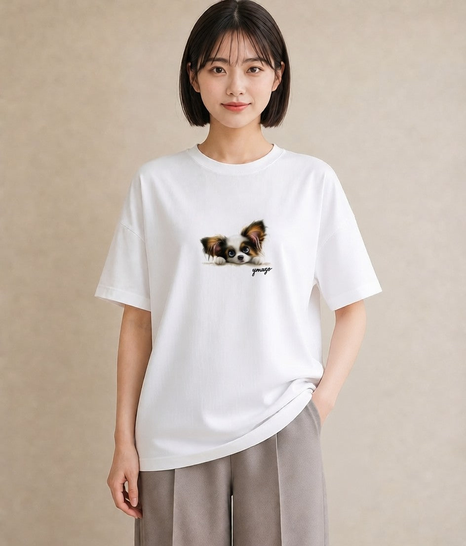 グラフィックTシャツ レディース パピヨン 犬 いぬ イラスト きれいめ ミセス 春コーデ 白T