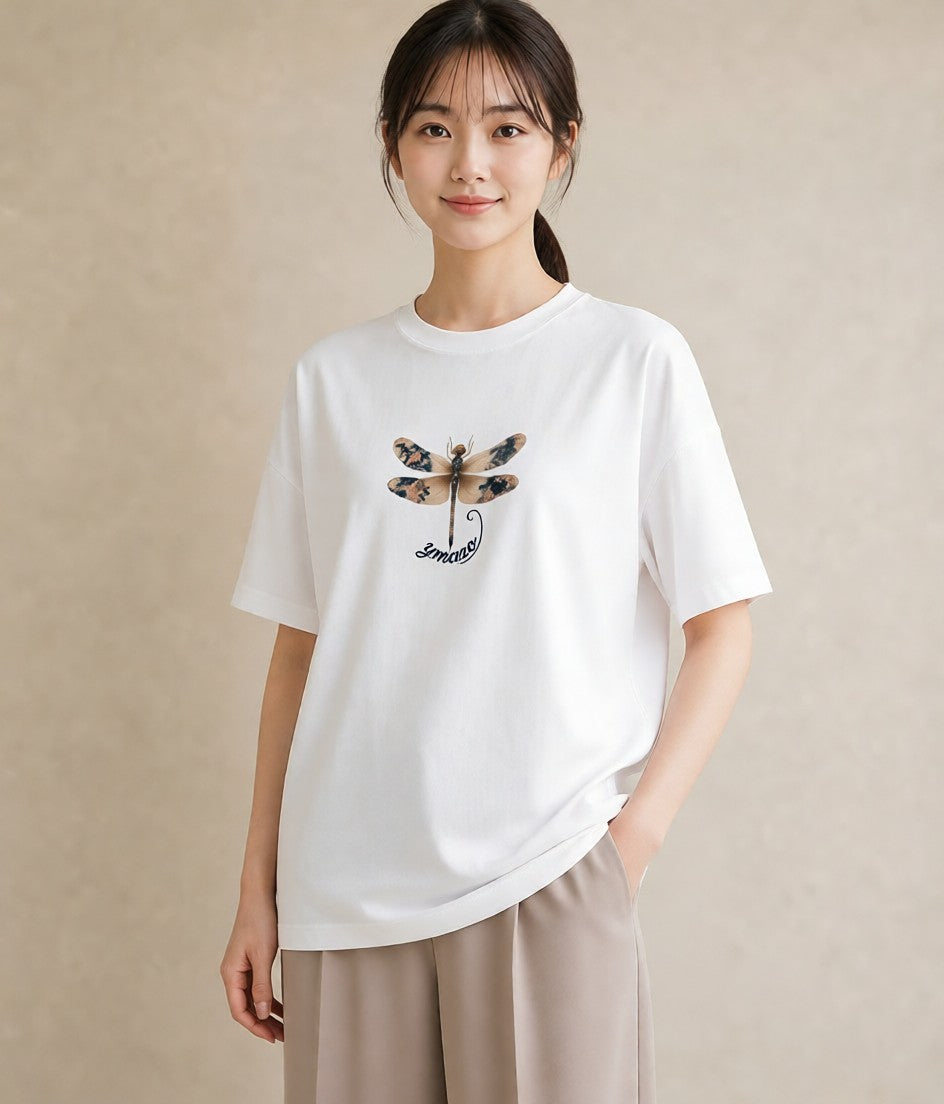 半袖Tシャツ レディース とんぼ 昆虫 虫 イラスト 手描き風 通学 誕生日プレゼント 白T