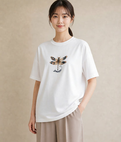 半袖Tシャツ レディース とんぼ 昆虫 虫 イラスト 手描き風 通学 誕生日プレゼント 白T
