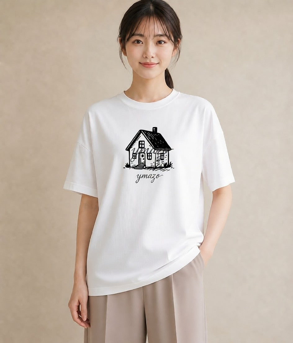 グラフィックTシャツ レディース 灯りの家 小屋 夜 ナチュラル アンティーク イラスト きれいめ カフェ巡り 女子会 白T