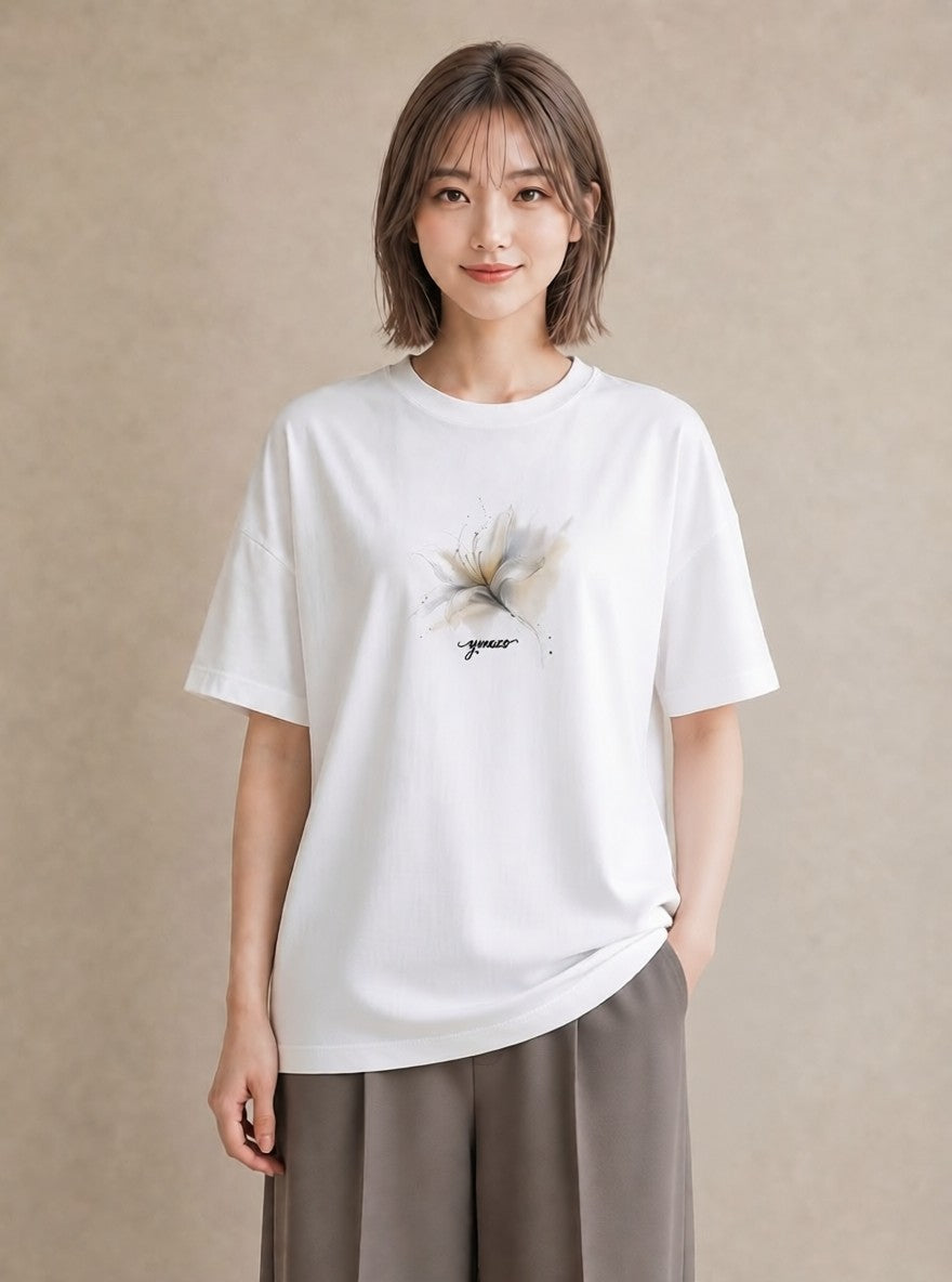 プリントTシャツ レディース ゆり 百合 花 花柄 イラスト 可愛い カジュアルコーデ 買い物 白T