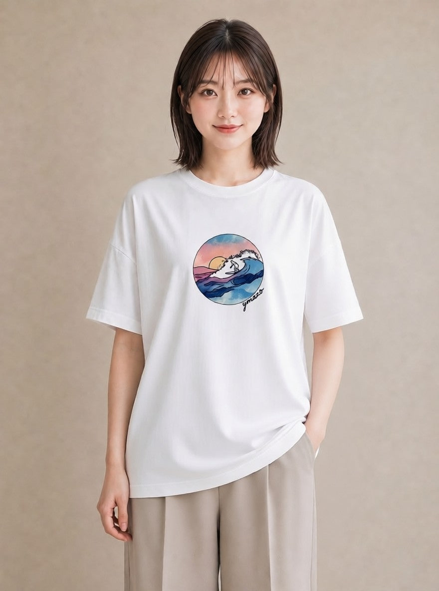 半袖Tシャツ レディース 波 星空 宇宙 イラスト 水彩風 おしゃれギフト 社会人 白T