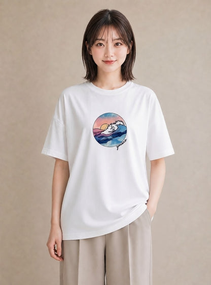 半袖Tシャツ レディース 波 星空 宇宙 イラスト 水彩風 おしゃれギフト 社会人 白T
