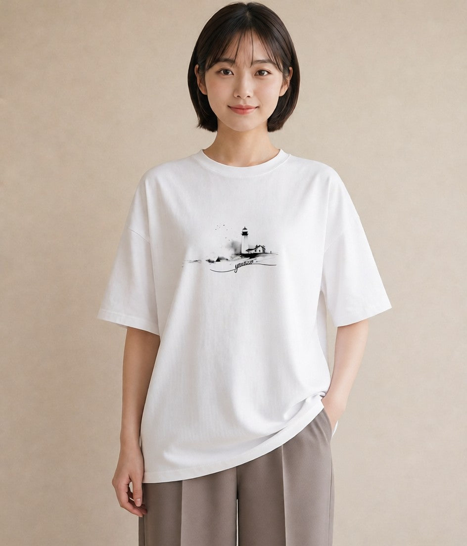 半袖Tシャツ レディース 灯台 霧 海 ナチュラル アンティーク イラスト ボタニカル ラフ レイヤード 白T