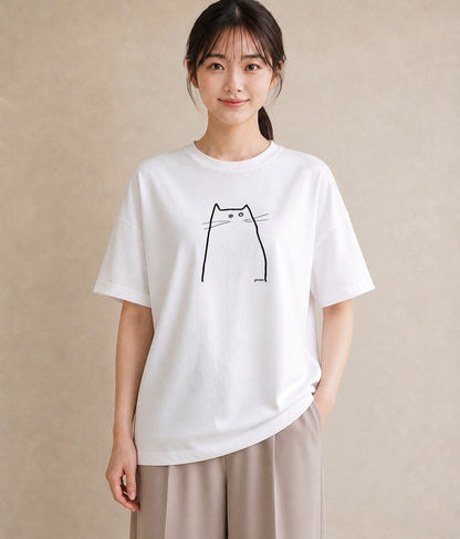 プリントTシャツ レディース 猫 ねこ ネコ イラスト きれいめ 敬老の日 ホワイトデー 白T