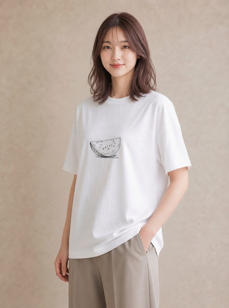 Tシャツ レディース メロン 食べ物 フード イラスト ニュアンス 母の日 ビーチ 白T