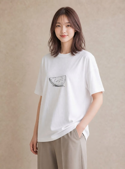 Tシャツ レディース メロン 食べ物 フード イラスト ニュアンス 母の日 ビーチ 白T