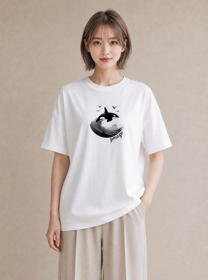 半袖Tシャツ レディース シャチ 海の生き物 海 イラスト 個性的 夏コーデ 通学 白T