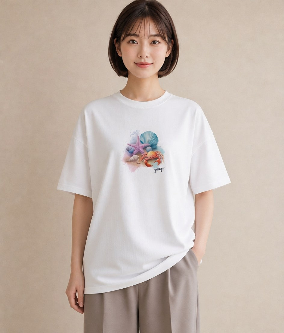 半袖Tシャツ レディース カニ 海の生き物 海 イラスト ユニーク 親子 20代 白T