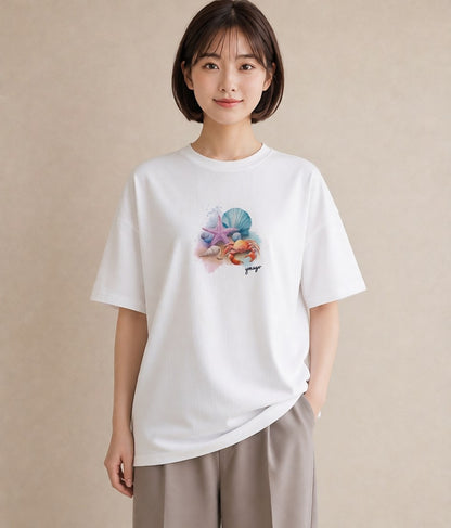 半袖Tシャツ レディース カニ 海の生き物 海 イラスト ユニーク 親子 20代 白T
