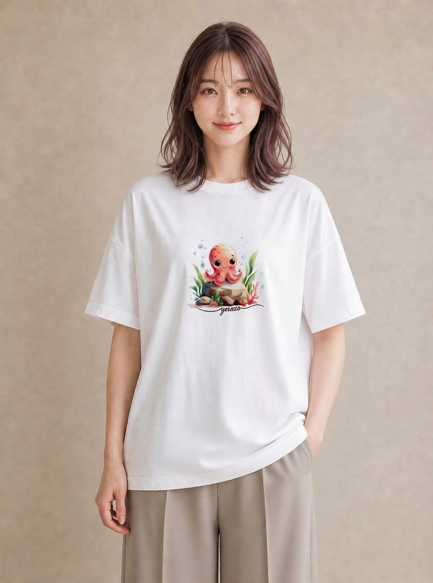 グラフィックTシャツ レディース イカ 海の生き物 海 イラスト 北欧風 敬老の日 ホワイトデー 白T