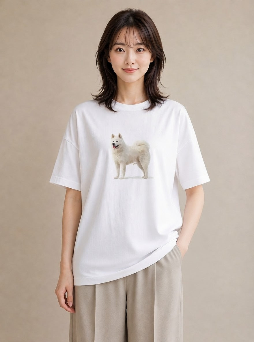 デザインTシャツ レディース サモエド 犬 いぬ イラスト こなれ感 カフェ服 クリスマス 白T