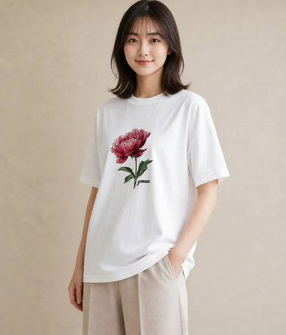プリントTシャツ レディース 牡丹 花 花柄 イラスト 休日コーデ 部屋着 女性向けギフト 白T