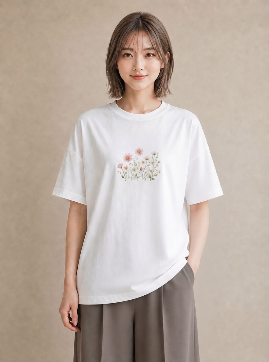 グラフィックTシャツ レディース コスモス 秋桜 花 花柄 イラスト ポップ 春コーデ 姉妹 白T