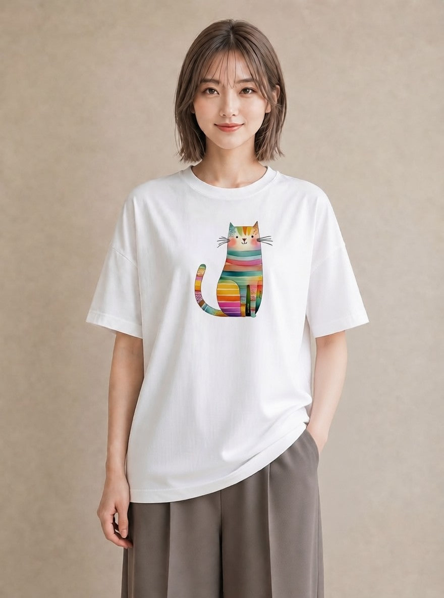 半袖Tシャツ レディース 猫好き 猫 ねこ イラスト 線画 休日 ペアコーデ 白T