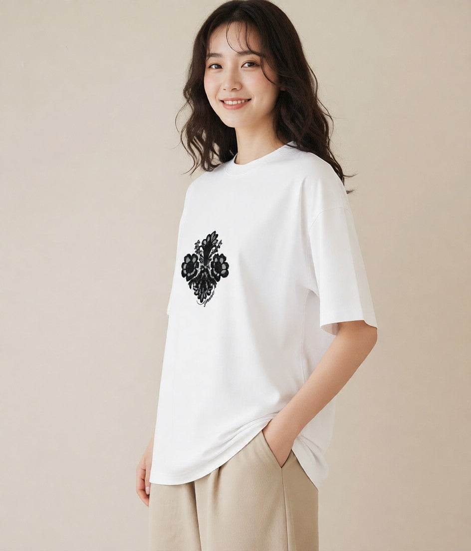 プリントTシャツ レディース レースハンカチ レース ハンカチ ナチュラル アンティーク イラスト ラフカジュアル ミセス 春コーデ 白T