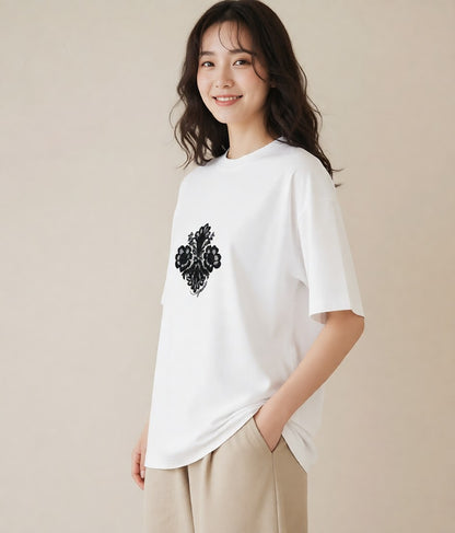 プリントTシャツ レディース レースハンカチ レース ハンカチ ナチュラル アンティーク イラスト ラフカジュアル ミセス 春コーデ 白T