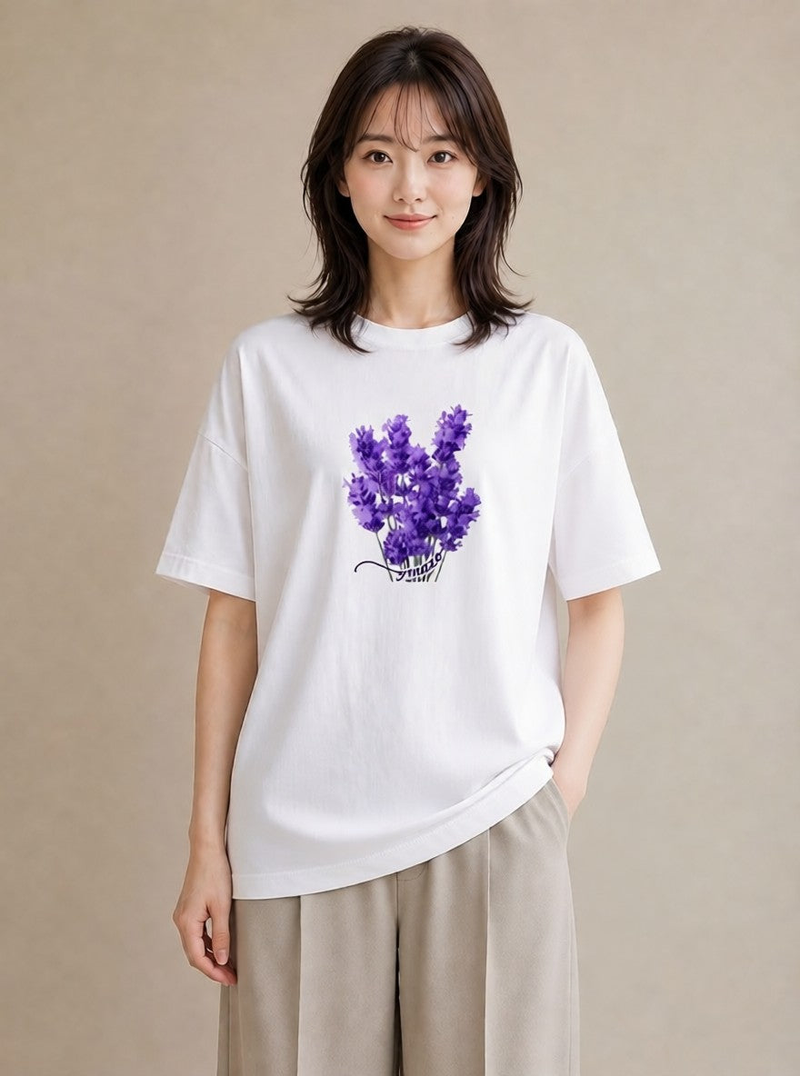 半袖Tシャツ レディース ラベンダー 花 花柄 イラスト 韓国風 誕生日プレゼント 綿100 白T