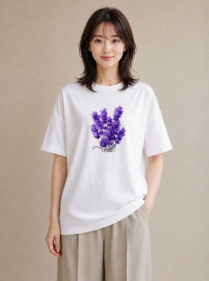 半袖Tシャツ レディース ラベンダー 花 花柄 イラスト 韓国風 誕生日プレゼント 綿100 白T