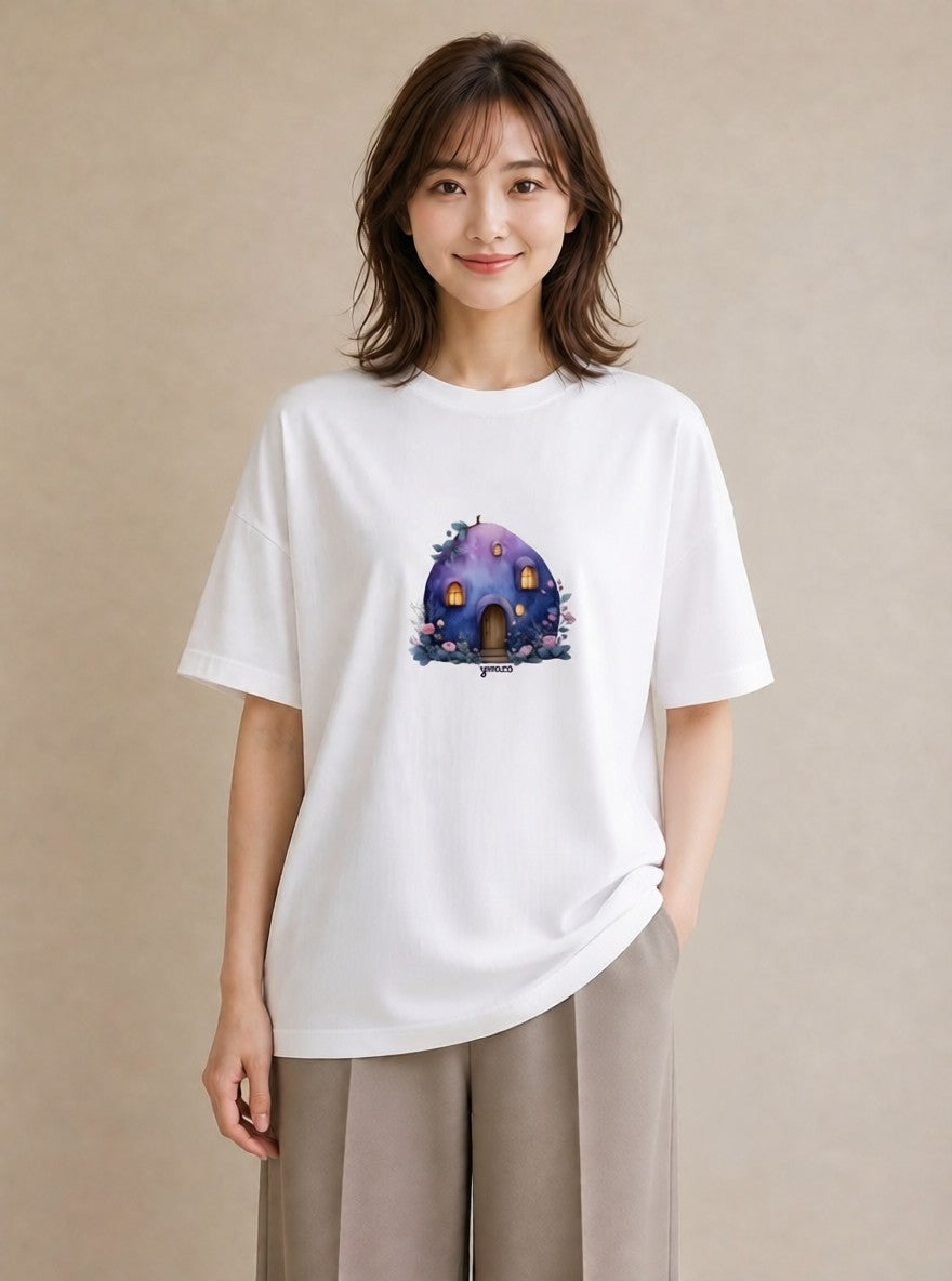 グラフィックTシャツ レディース 灯りの家 小屋 夜 ナチュラル アンティーク イラスト ボタニカル 誕生日プレゼント 綿100 白T