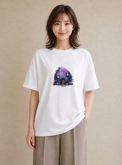 グラフィックTシャツ レディース 灯りの家 小屋 夜 ナチュラル アンティーク イラスト ボタニカル 誕生日プレゼント 綿100 白T